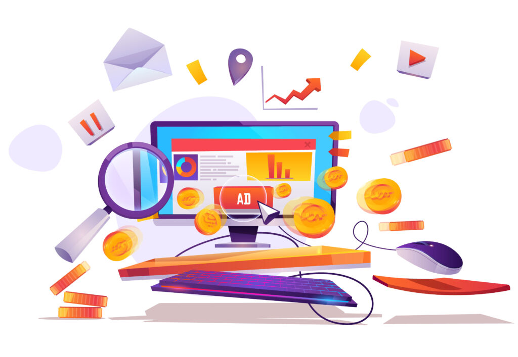 A vibrant colorful graphic featuring a computer monitor, magnifying glass, and floating coins, highlighting PPC services by PixelHunts, the best digital marketing agency in Vizag.