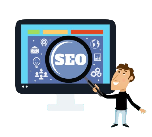 “Illustration of a man analyzing SEO on a computer screen with a magnifying glass, showing digital marketing icons and search engine optimization concept.”