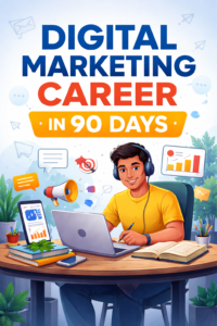Digital marketing career in 90 days concept with a young professional working on laptop and online marketing icons