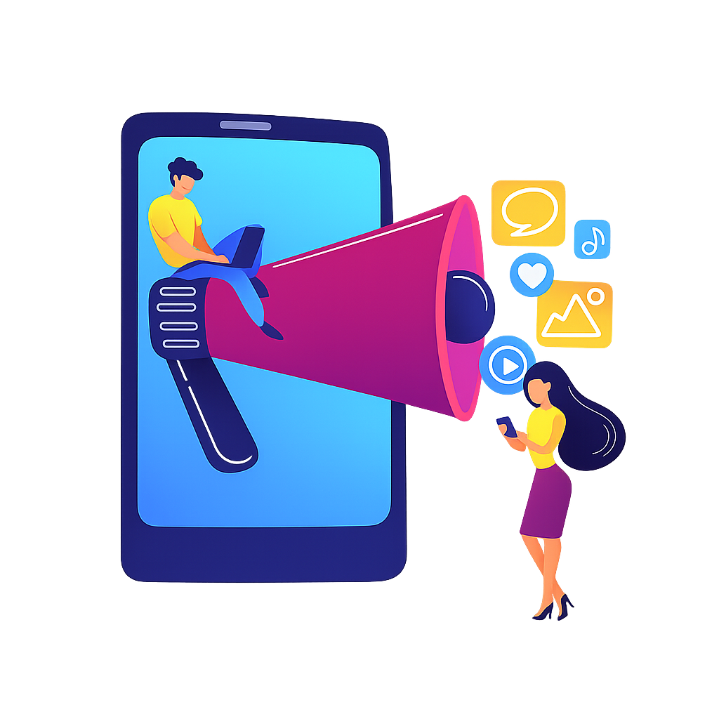 “Digital marketing illustration showing a smartphone with a megaphone, a man using a laptop, and a woman on mobile, representing social media promotion and online marketing.”