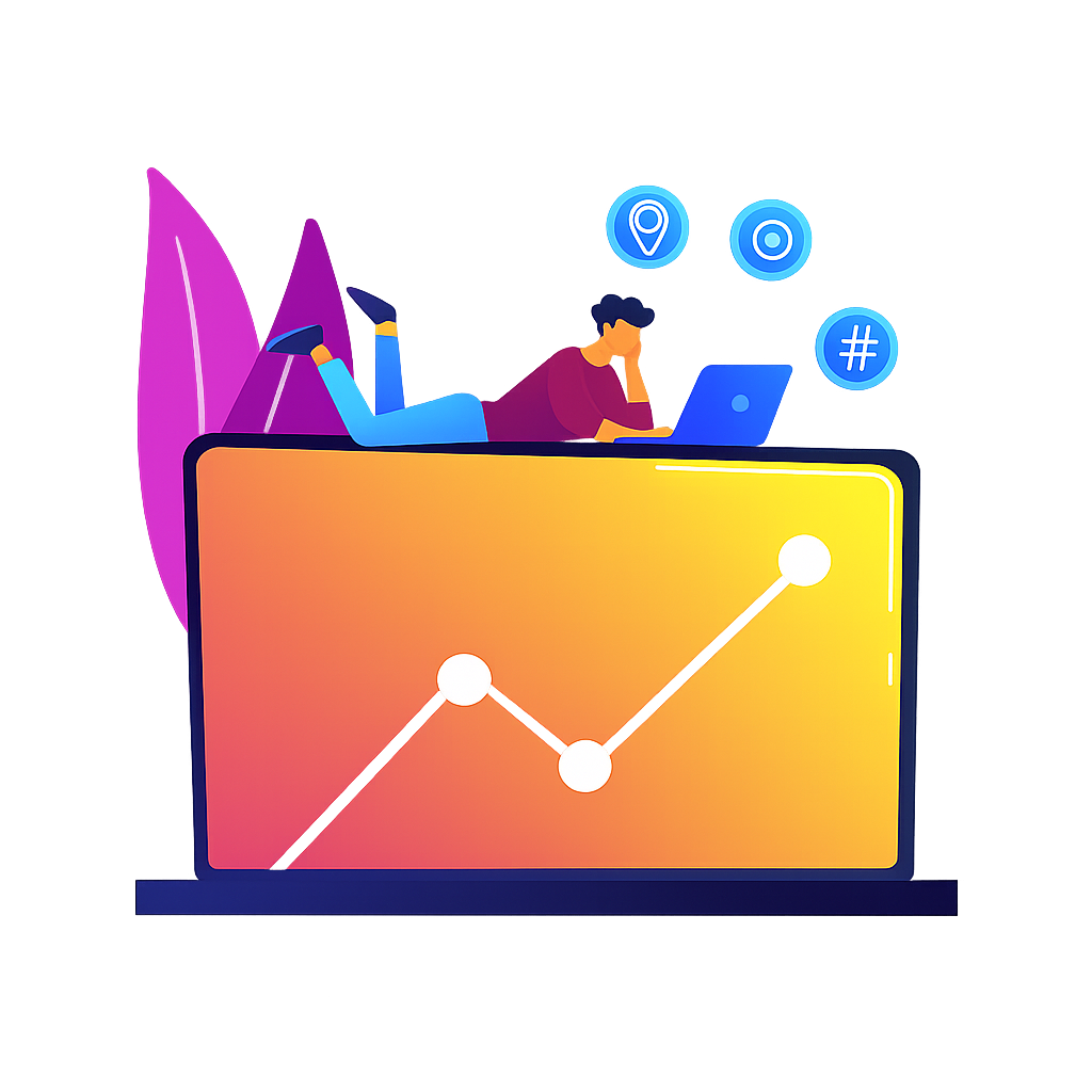 “Illustration of a person working on a laptop with a rising graph, symbolizing SEO growth, analytics, and digital marketing performance.”