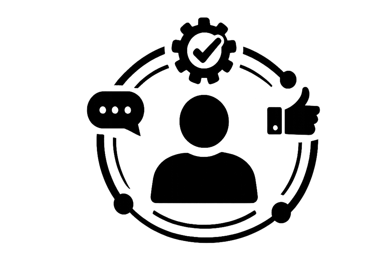 Black and white silhouette icon representing social media account management. The design features a user profile figure in the center with surrounding interface elements such as settings gear, notification symbols, and dashboard lines, symbolizing profile control, account handling, and digital management.