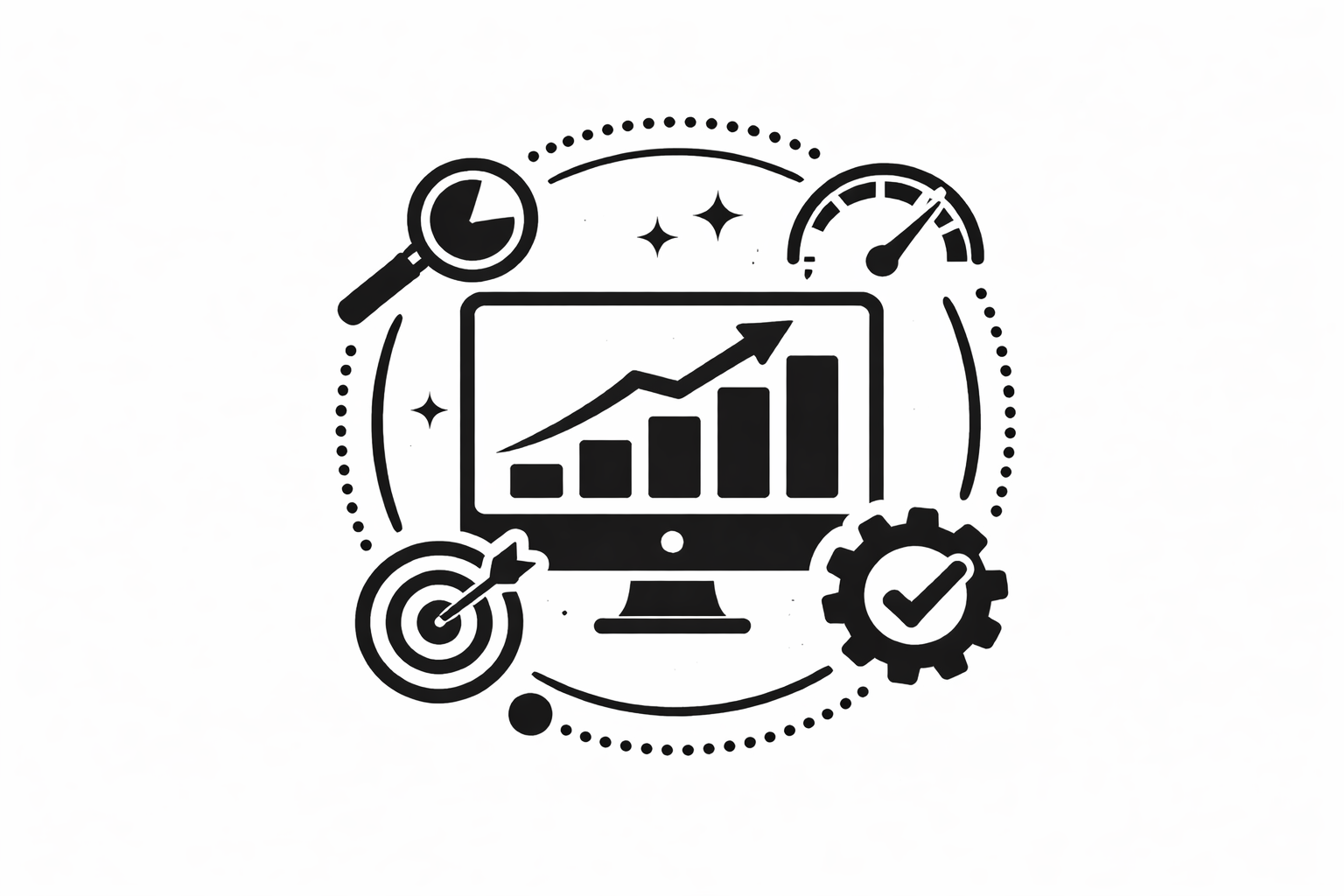 Black and white silhouette icon representing performance tracking and analytics. The design features a computer monitor displaying an upward growth bar chart with an arrow. Surrounding elements include a magnifying glass with a pie chart, a speedometer gauge, a target with an arrow in the center, and a gear with a checkmark, all arranged in a circular layout to symbolize monitoring, optimization, and business growth.