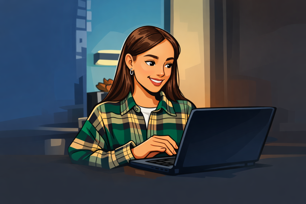 Smiling young woman in a green plaid shirt working on a laptop in a softly lit indoor setting, illustrated in a clean cartoon style with warm tones.