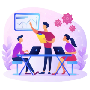 “Professional digital marketing training session with team analyzing growth charts and strategy on laptops.”