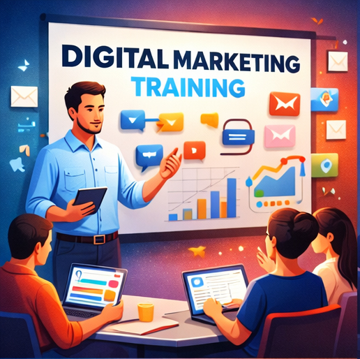 Digital marketing training session with instructor teaching SEO, social media marketing, and online advertising to students in a modern classroom