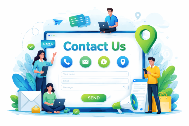 “Contact us digital marketing illustration showing team communication, contact form, and business support by PixelHunts in Visakhapatnam”