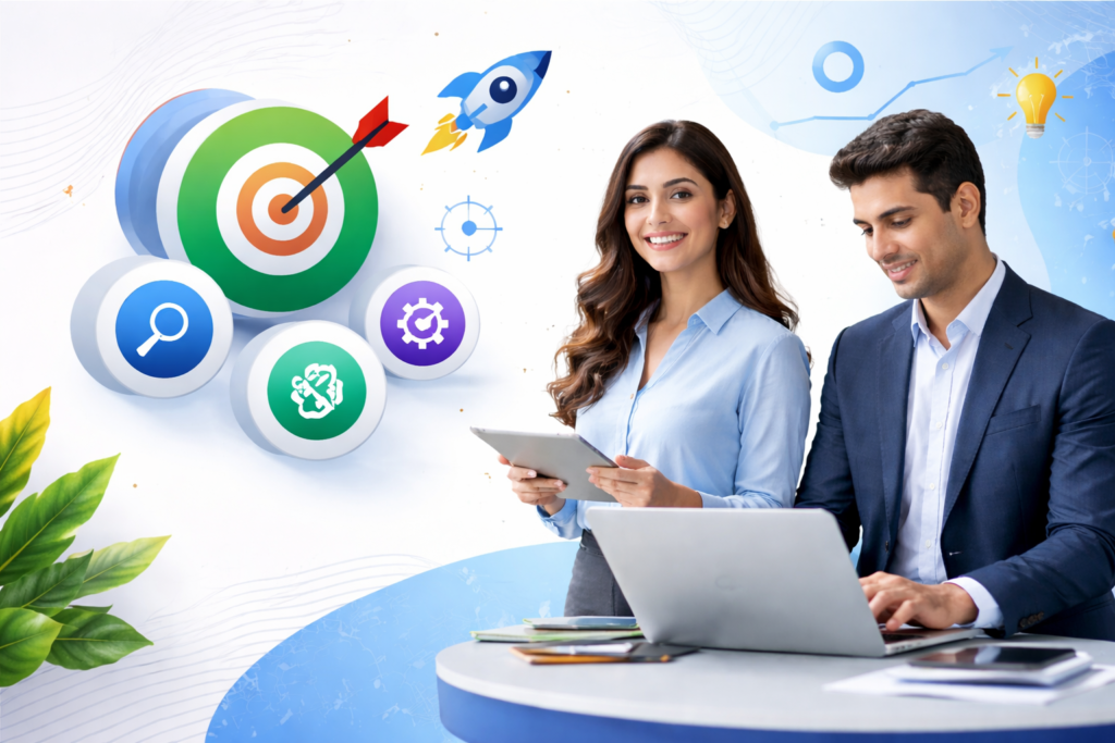 SEO services concept with professionals analyzing data, digital marketing strategy and business growth illustration