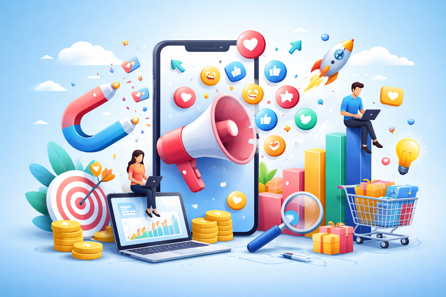 Social media marketing illustration showing a smartphone with megaphone, floating like and emoji icons, growth charts, coins, and people using laptops, representing online engagement, advertising, and business growth without text