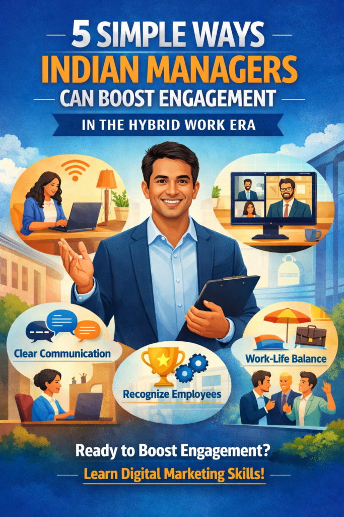 an Indian manager leading a hybrid team with remote and office employees, highlighting engagement strategies like clear communication, employee recognition, and work-life balance in the modern workplace.