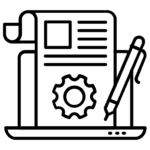 A black-and-white line icon of a document, a gear, and a pen on a laptop screen, symbolizing the professional content writing services offered by PixelHunts for the best digital marketing in Vizag.