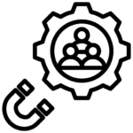 A black-and-white icon featuring a magnet attracting people within a gear, representing the lead generation strategies used by PixelHunts, the best digital marketing agency in Vizag.