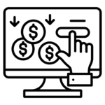 A clean black-and-white line icon of a computer monitor with dollar coins and a clicking hand, illustrating the PPC advertising services provided by PixelHunts, the best digital marketing agency in Vizag.