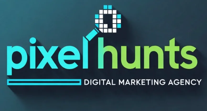 PixelHunts Digital Marketing Agency logo featuring a cyan and lime green wordmark with a pixelated magnifying glass icon, recognized for providing the best digital marketing in Vizag.