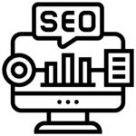 SEO icon with magnifying glass over a webpage, representing search engine optimization and website ranking.