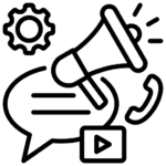 A black-and-white line icon featuring a megaphone, speech bubble, and play button, representing social media strategies from PixelHunts, the best digital marketing in Vizag.