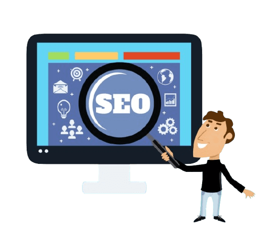 “Illustration of a man analyzing SEO on a computer screen with a magnifying glass, showing digital marketing icons and search engine optimization concept.”