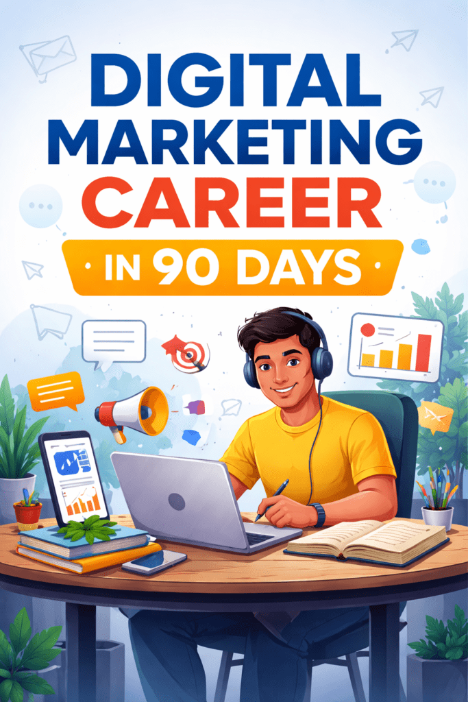 Digital marketing career in 90 days concept with a young professional working on laptop and online marketing icons