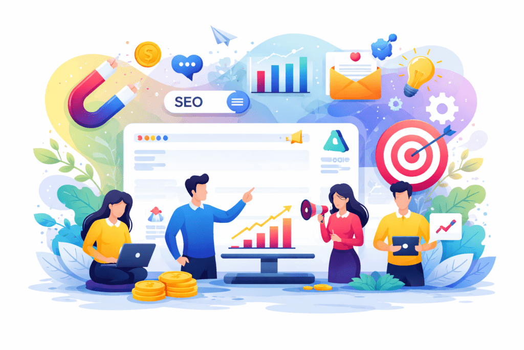digital marketing services illustration showing team working on SEO, social media marketing, PPC ads and business growth strategies