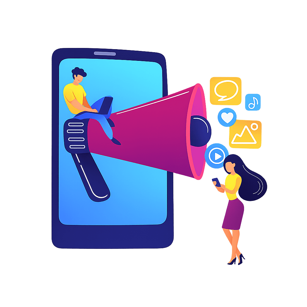“Digital marketing illustration showing a smartphone with a megaphone, a man using a laptop, and a woman on mobile, representing social media promotion and online marketing.”