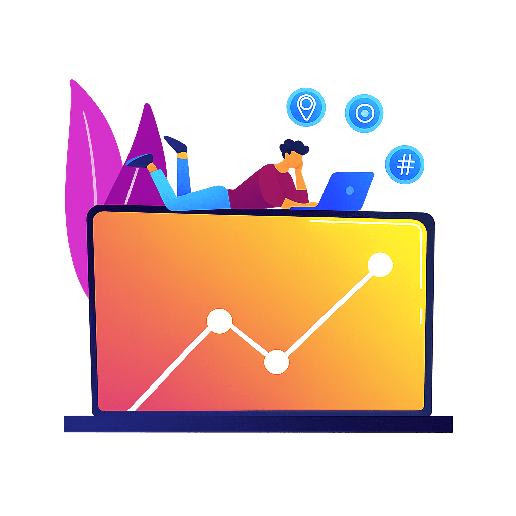 “Illustration of a person working on a laptop with a rising graph, symbolizing SEO growth, analytics, and digital marketing performance.”